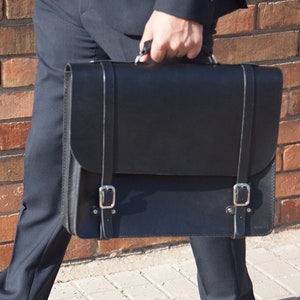 Classic Black Leather Briefcase, Black Leather Briefcase, Men's Briefcase, Office Bag, Men's Crossbody Bag, Leather Briefcase image 1