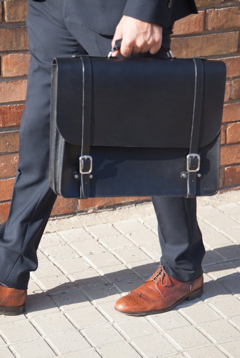 Classic Black Leather Briefcase, Black Leather Briefcase, Men's Briefcase, Office Bag, Men's Crossbody Bag, Leather Briefcase image 1