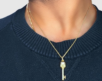 18K Gold Skull Necklace With Key Pendant, GRA Moissanite Diamonds, Solid 925 Silver, 20” Gold Skull Pendant, Men’s Gothic Statement Jewelry