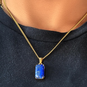 18K Gold Lapis Lazuli Pendant Necklace 20”, Spiritual Crystal Gemstone Jewelry for Men & Women, Natural Lapis Lazuli Healing Stone - DVNCI