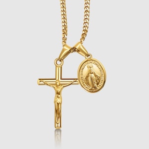 18K Gold Crucifix Jesus Christ & Virgin Mary Double Pendant Necklace, Religious Layered Cross Necklace, Cuban Chain Catholic Jewelry, Unisex