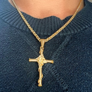 Cross Necklace With Rose In 18k Gold, Men’s Crucifix Catholic Christian Religious Pendant, Jesus Faith Symbol Jewelry, Yellow Gold 20” Chain