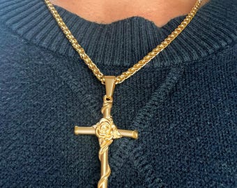 Cross Necklace With Rose In 18k Gold, Men’s Crucifix Catholic Christian Religious Pendant, Jesus Faith Symbol Jewelry, Yellow Gold 20” Chain