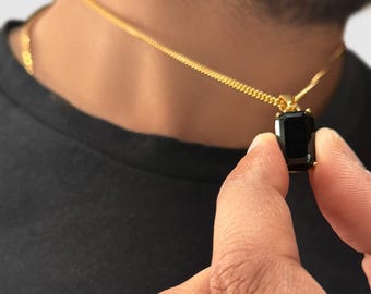 Black Onyx Pendant Necklace 18K Gold, Natural Stone Jewelry for Men & Women, Gold Onyx Necklace, Lucky Gemstone Charm, 20” Chain – DVNCI