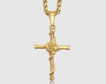 18k Gold Men's Crucifix Cross Necklace with Rose, Catholic Christian Religious Pendant, Jesus Faith Symbol Jewelry, Yellow Gold 20” Chain