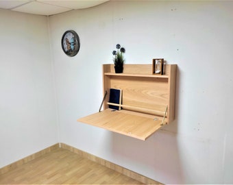 Scrivania pieghevole, scrivania salvaspazio, realizzata a mano con legno naturale, scrivania a parete per lavorare a casa