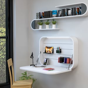 &quot;DISCRETTO&quot; Folding Desk, Wall Desk, White Foldable Desk, Round Floating Desk, For Space Optimization, Painted Wood