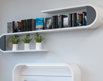 Floating wall bookcase, Floating wall shelf, "all round" design, modular and customizable, natural veneer finish