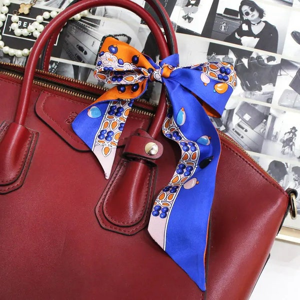 Narrow silk scarf made of 100% mulberry silk Oeko-tex standard orange blue green cloth for bag accessories hair bow