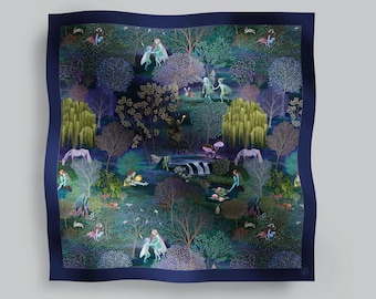 May include: Square silk scarf with a dark blue border. The scarf features a whimsical forest scene with figures, animals, trees, and a waterfall. The color palette includes shades of blue, green, purple, and gold.