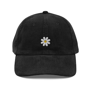 Daisy Flower Design Corduroy Hat, Handmade Embroidered Corduroy Dad Cap - Multiple Colors