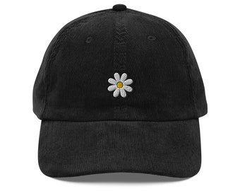 Daisy Flower Design Corduroy Hat, Handmade Embroidered Corduroy Dad Cap - Multiple Colors
