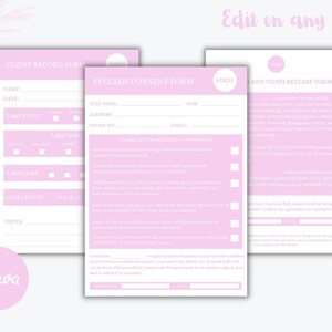 Puede incluir: Formularios imprimibles rosas para extensiones de pestañas, que incluyen un formulario de registro de clientes, un formulario de consentimiento para extensiones de pestañas y un formulario de liberación de fotos y videos. Los formularios incluyen campos para el nombre, la fecha, la dirección, el número de teléfono, el correo electrónico y la firma.