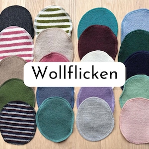 Könnte beinhalten: Eine Sammlung von 15 runden Wollfilz-Flicken in verschiedenen Farben und Mustern, darunter Streifen, Uni-Farben und Strukturen. Die Flicken sind in einem Kreis angeordnet, in dessen Mitte der Text "Wollflicken" steht.