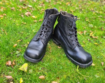 Vintage 1981's Swedish Army Black Leather Boots Tretorn Genuine Leather M81 Swedish Military Black Square Toe Boots 80's VOLVO BOOTS S42