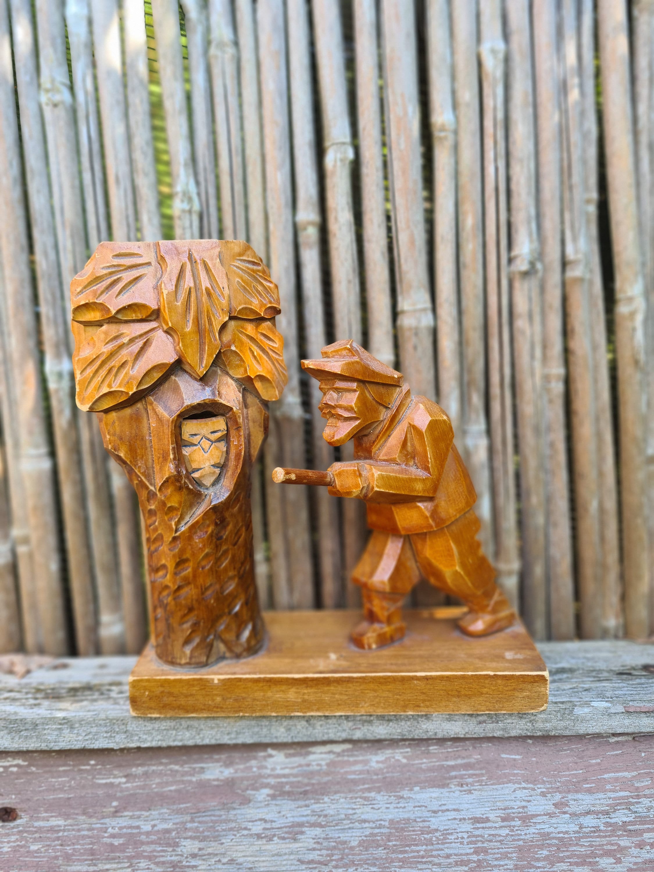 Vintage Hand-Carved Wood Hunter & Owl Pencil Holder: Lithuanian Folk Art