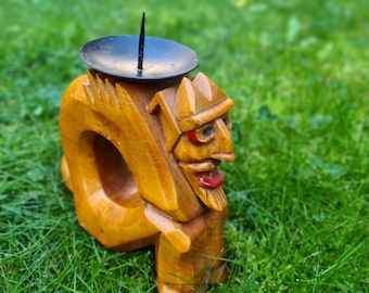 Hand carved Devil Candle-holder | Wooden devil sculpture | Funny wooden candle holder Lithuanian folk art | Lithuanian craft | Vintage Devil
