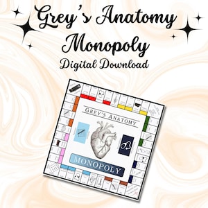 Puede incluir: Un juego de mesa Monopoly imprimible con temática de Anatomía de Grey. El tablero presenta un corazón, herramientas médicas y el texto "Anatomía de Grey Monopoly".