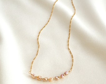 Pink Apricot Pearl Bar Necklace, 14K Gold Filled Figaro Tarnish Free Necklace, Freshwater Pearls and 14K Gold Filled Beads Necklace