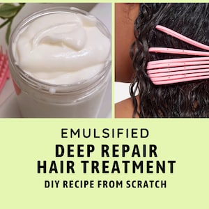 May include: A white jar of emulsified deep repair hair treatment with a DIY recipe from scratch. The jar is sitting on a white surface with pink and white items in the background. The second image shows a person with curly hair using a pink detangling comb.