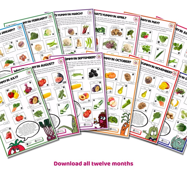 Year of Seasonal Printables  collection - What's Yummy This Month? Seasonal Food for all 12 months (Self print pdf printable)