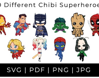 Superheroes Svg Instant Download Printable Super heroes Files, 10 Different Tiny Superhero Chibi Characters