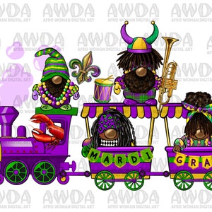 Mardi Gras train afro gnomies png sublimation design download, Happy Mardi Gras png, Mardi Gras afro gnomies png, sublimate download