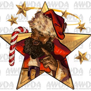 Zwarte Santa Stars png sublimatie ontwerp, kerst santa png, afro santa png, vrolijke kerst png, santa claus png, digitale download