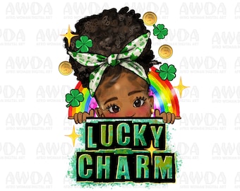 Lucky charm afro peekaboo girl png sublimation design download, St. Patrick&#39;s Day png, black girl png, afro girl png, sublimate download