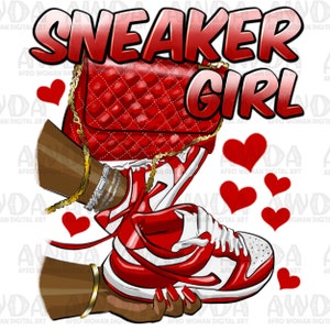 Sneaker girl red and white png sublimation design download, black woman png, sneaker life png, afro woman hands png, sublimate download