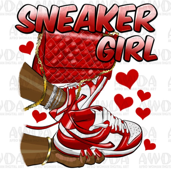 Sneaker girl red and white png sublimation design download, black woman png, sneaker life png, afro woman hands png, sublimate download
