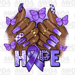 Hope Lavender Cancer afro nails png sublimation design download, Cancer nail art png, afro woman hands png, sublimate designs download