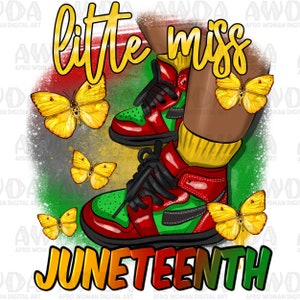 Puede incluir: Una ilustración digital de un par de zapatillas rojas y verdes con el texto "little miss Juneteenth" y mariposas amarillas. El fondo es un esquema de color rojo, negro y verde.