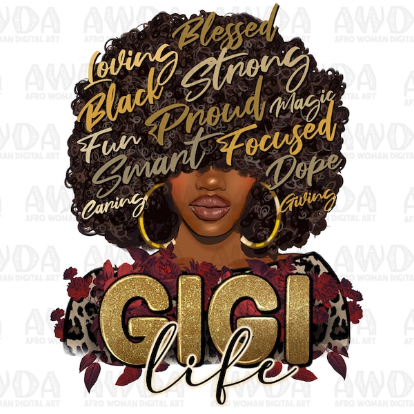 Afro woman gigi life png sublimation design download, black woman png, afro gigi png, roses afro woman png, sublimate designs download