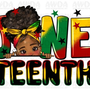 May include: A vibrant graphic design with the words "Juneteenth" in large, bubble letters. The design uses red, yellow, green, and black. A cartoon illustration of a girl with an afro and headscarf is incorporated into the design.