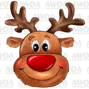May include: A cartoon illustration of a reindeer's face with a red nose, brown antlers, and big brown eyes with white hearts inside. The reindeer is smiling.