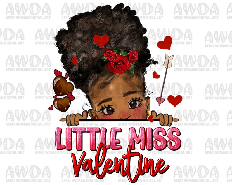 Puede incluir: Una ilustraci&oacute;n digital de una joven negra con un peinado afro asom&aacute;ndose por encima de un cartel que dice "Little Miss Valentine". La ni&ntilde;a lleva una corona de flores rojas y hay corazones y flechas a su alrededor.