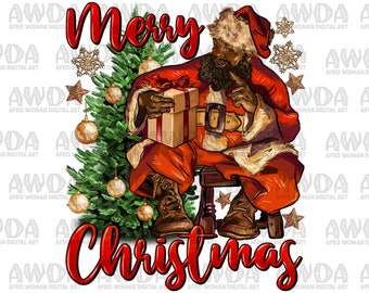 May include: A digital illustration of a Black Santa Claus wearing a red suit and a white hat, holding a wrapped gift. He is sitting on a wooden stool next to a green Christmas tree with gold ornaments. The text "Merry Christmas" is written in red letters above the image.
