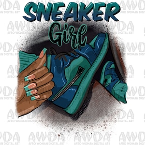 May include: A digital illustration of a pair of teal and blue sneakers with black accents. The sneakers are partially obscured by a hand with teal and peach-colored nail polish. The text "SNEAKER Girl" is written in black above the sneakers.