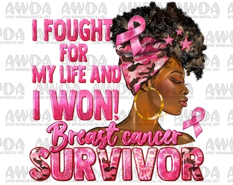 Könnte beinhalten: Eine digitale Illustration in Pink und Schwarz einer Frau mit Afrofrisur, die ein rosa und getarntes Kopftuch mit einem rosa Band trägt. Der Text "I fought for my life and I won! Breast cancer survivor" ist in rosa Buchstaben geschrieben.