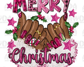 Merry pink Christmas nails png sublimation design download, black woman nail art png, Merry Christmas png, afro woman hands png, download