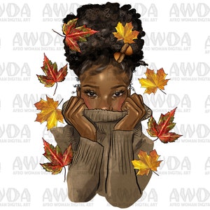 Fall black woman sweater natural hair bun png sublimation design download, Hello Fall png, black woman png, sublimate designs download