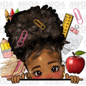 Afro peekaboo school girl png sublimation design download, school png, back to school png, black girl png, sublimate designs download