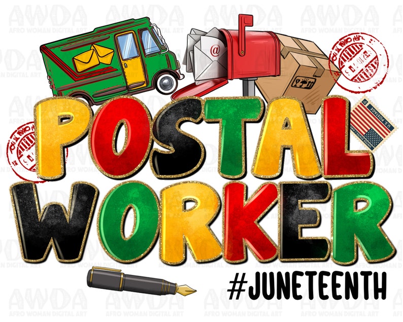 Puede incluir: Una ilustraci&oacute;n digital con tem&aacute;tica de cartero con un cami&oacute;n de correo verde, un buz&oacute;n rojo y un bol&iacute;grafo. Las palabras "POSTAL WORKER" est&aacute;n escritas en letras grandes y coloridas con detalles de purpurina dorada. El hashtag "#JUNETEENTH" est&aacute; escrito en negro en la parte inferior de la imagen.