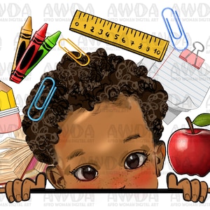 Afro peekaboo school boy png sublimation design download, school png, back to school png, black boy png, sublimate designs download