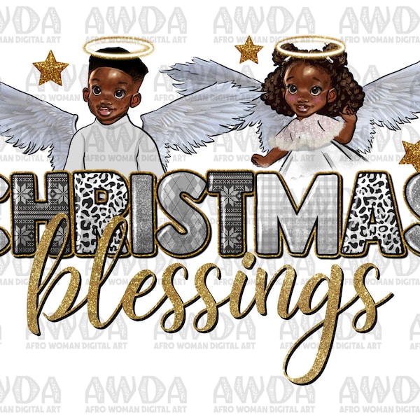 Christmas blessing black boy angel and girl png sublimation design download, Merry Christmas png, afro png, sublimate designs download