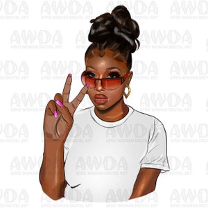 Black fashion girl peace sign white shirt png, afro woman png, fashion black woman png, black woman hairstyle png,sublimate designs download