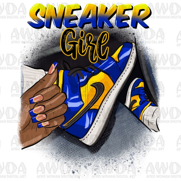 Black fashion woman long nails royal blue and yellow png, black woman hands png, sneaker girl png, afro girl png, sublimate designs download