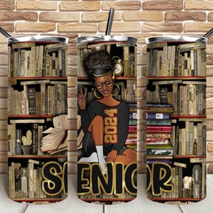 Senior 2024 black woman puff bun graduation 20 oz skinny tumbler png, tumbler wrap png,graduate png, class of 2024 png,20 oz tumbler designs