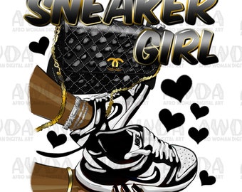 Sneaker girl black white gold png sublimation design download, black woman png, sneaker life png, afro woman hands png, sublimate download